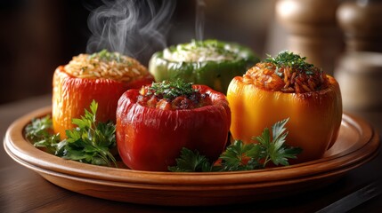 Four colorful bell peppers stuffed with rice, garnished with herbs, arranged on a wooden plate with steam rising, ideal for culinary use.