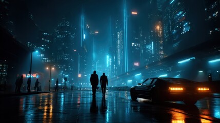 Neon-lit cyberpunk cityscape with silhouetted figures and a futuristic car on rain-slicked streets, evoking mystery and advanced technology.