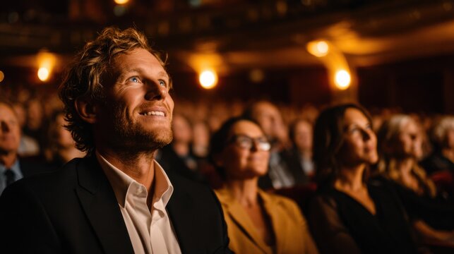 Captivated audience member smiling in theater setting, evoking wonder and engagement during a live performance or movie screening.