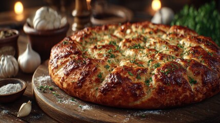 Freshly baked focaccia bread with herbs and cheese on a rustic board, surrounded by garlic and spices, creating a cozy, inviting culinary scene.