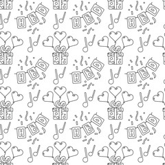 Monochrome party-themed seamless pattern in outline design. Includes cake, balloons, confetti. Great for birthdays, invitations, and gift wrap.