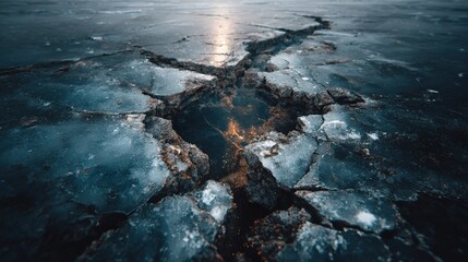 Cracked ice surface creates a fascinating winter landscape under a gray sky and bright light, showcasing nature's cold beauty