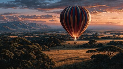 A colorful hot air balloon floats over a sunlit savanna at sunset, showcasing adventure and natural beauty.