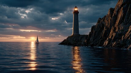 A solitary lighthouse on a rocky cliff overlooks a serene sea at sunset with a sailboat on the horizon, capturing tranquility and guidance.