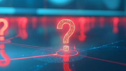 Ruby red question mark icons pop onto digital map luminous nodes connective filaments illustrating inquiry data flow inside stylized neural network K sequence offers educators fintech storytellers - Powered by Adobe