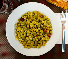 Habas a la Catalana, tasty stew of beans in gravy with various sausages and bacon
