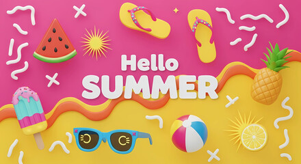 A vibrant summer scene with a hello summer message, featuring a watermelon slice, pineapple, sunglasses, flipflops, ice cream, and other summery elements on a bright pink and yellow background