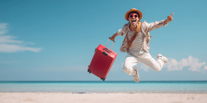 An ecstatic traveler with a red suitcase jumps with joy on a beautiful beach. Perfect for themes of vacation, adventure, happiness, and summer travel. - Powered by Adobe