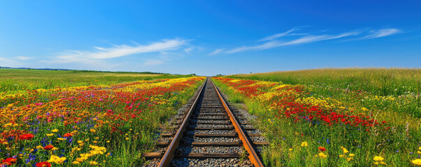 Railway tracks stretching through a vibrant field of colorful wildflowers under a clear blue sky