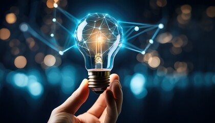 light bulb being held with a glowing network inside representing innovation and new ideas in technology and business
