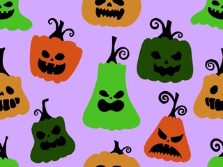 Autumn harvest vegetable seamless monster Halloween pumpkins pattern for wrapping paper and fabrics