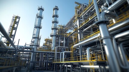 Fototapeta premium Extensive Refinery-Style Chemical Plant Background Featuring Industrial Piping Networks, Storage Tanks, Towers, and Steel Infrastructure Elements