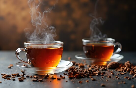 Two steaming cups of hot tea with scattered coffee beans on dark surface and warm background