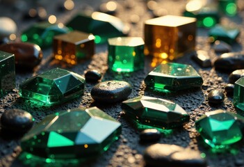 Colorful gemstones and pebbles scattered on dark textured surface with reflections and highlights
