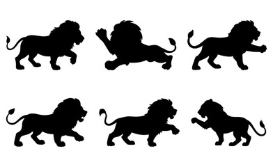 Lion silhouettes icons set. lion icon set, lion, playful, active, cub, kittenish, frolic, leap, bound, pounce, chase, roar, growl, mane, feline, big, cat, predator, hunter, savannah, africa, wild.