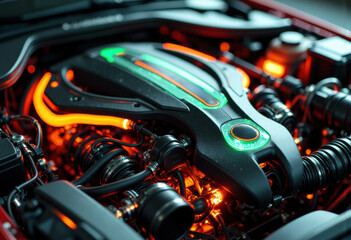 Fototapeta premium High-performance car engine with illuminated neon accents and complex mechanical components
