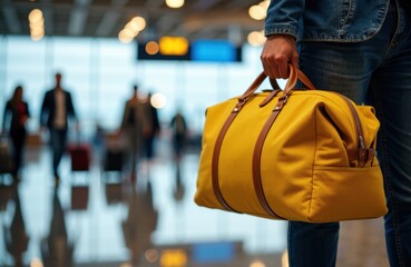 Woman holding yellow travel bag at airport terminal