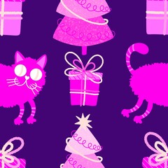 Christmas cartoon animals seamless cats and toys pattern for wrapping paper