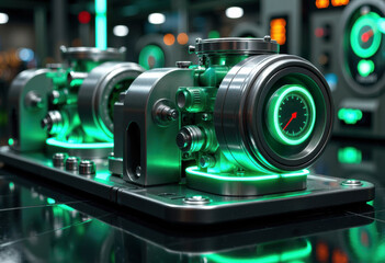Advanced industrial gauge with glowing green indicators in a high-tech environment