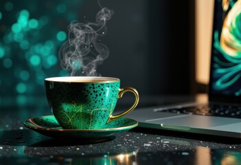 Hot coffee in a decorative cup with steam rising, placed next to a laptop on a dark surface