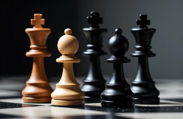 A close-up of chess pawns and kings on a chessboard with contrasting light and shadow effects