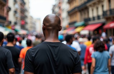Fototapeta premium Man with shaved head standing in busy urban street with crowd and colorful storefronts