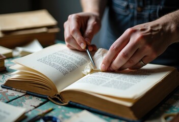 Person annotating or highlighting text in an open book on a cluttered desk