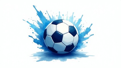 ilustração digital em aquarela de uma bola de futebol usando tons vibrantes de azul e branco. 