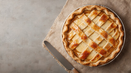 A freshly baked lattice-top pie with a golden crust sits on a textured cloth next to a pie server on a gray surface.