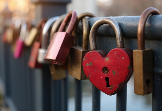 Colorful padlocks attached to a railing symbolize love and commitment