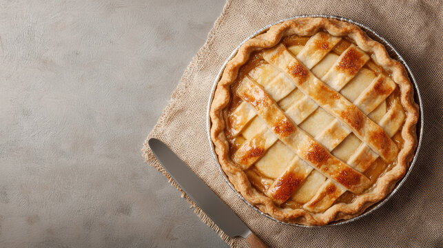 A freshly baked lattice-top pie with a golden crust sits on a textured cloth next to a pie server on a gray surface.
