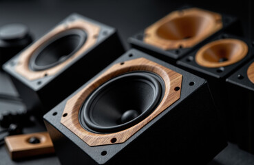 Speakers with wooden accents and black enclosures arranged on a dark surface
