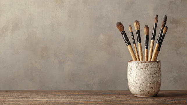 A set of paintbrushes with wooden handles is neatly arranged in a speckled ceramic cup on a wooden surface against a textured beige background. - Powered by Adobe