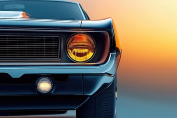 A close-up shot of a classic blue muscle car with illuminated headlights against a warm-toned background.