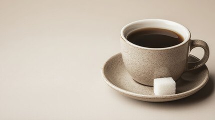 A cup of black coffee in a beige speckled ceramic cup and saucer with a sugar cube on the side, set against a neutral background.