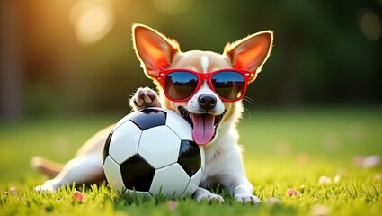 um cãozinho feliz deitado  na grama, usando óculos escuros vermelhos enormes e sorrindo com a língua de fora, com uma bola ao lado.