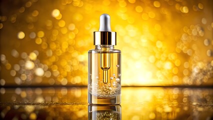 Naklejka premium Glass dropper bottle with golden liquid on a glowing golden background 