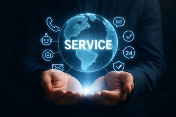 Businessman holding glowing globe with service icons