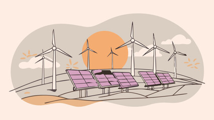 Wind turbines in the countryside – clean energy for the future.  Renewable energies in the landscape. Vector illustration.