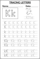 Back to school worksheet for learning the letter K. Perfect for preschool and kindergarten handwriting practice.
