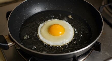 A single fried egg cooks in a black skillet, its yolk still intact, surrounded by bubbling oil.