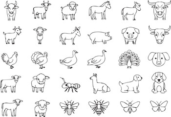 Farm Animals Line Icons: Thin Linear Sheep, Horse, Pig, Duck & Livestock Vector Set