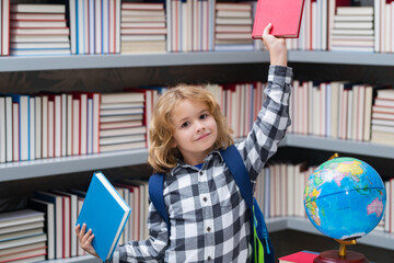 Nerd pupil. Clever child from elementary school with book. Smart genius intelligence kid ready to...