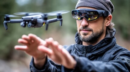 Man operating drone with futuristic glasses in forest