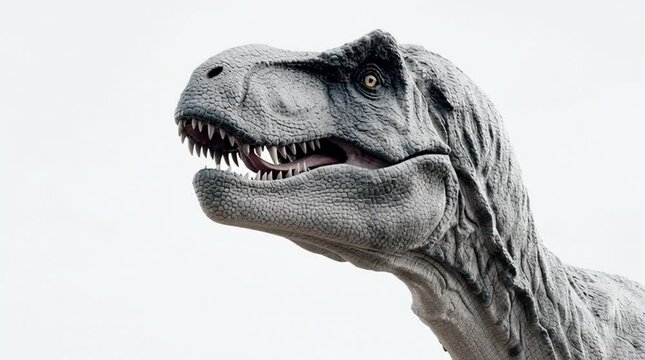 Close up of a gray t rex dinosaur with an open mouth against a white background