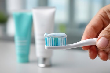 A hand holds a toothbrush with toothpaste tubes blurred in the background