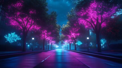 A nighttime neon city where trees shine bright instead of streetlights, lighting up the streets with magical colors and futuristic charm.