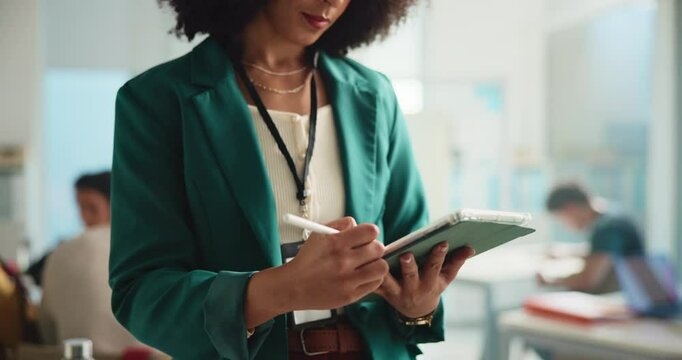 University lecturer, hands and woman with tablet for planning course, curriculum or education. Tech, stylus or teacher in college class for lesson schedule, learning or grading exam for assessment