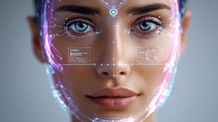 A futuristic digital overlay of a human face with data. Beautiful woman portrait with enhanced digital elements.