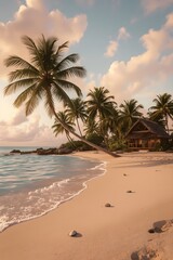 Obraz premium Pastel Dreams: Tranquil Island Paradise at Sunset, Great for high-resolution wall art, meditation or relaxation apps, ambient desktop wallpapers, or mindfulness content emphasizing calm and beauty